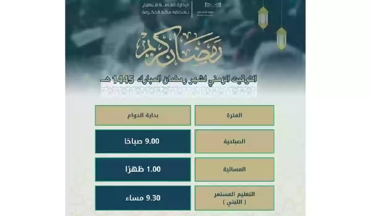 عاجل| تعليم مكة تكشف مواعيد الدراسة خلال رمضان بمدارس مكة المكرمة.